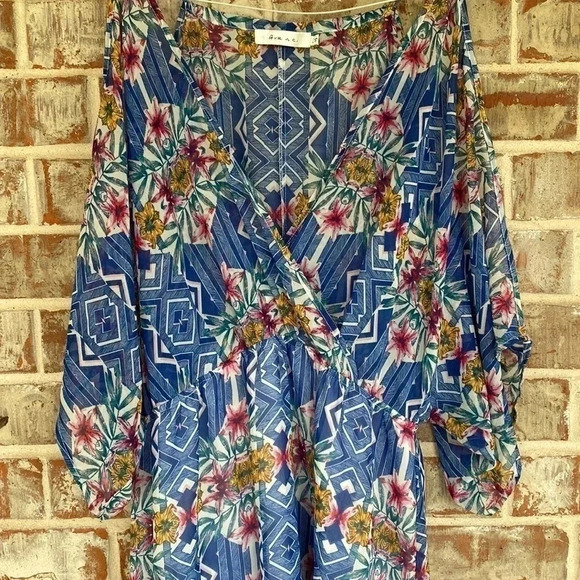 Ark n c. Blue Geometric Floral Sheer Cold Shoulder Maxi Dress - Picture 2 of 14